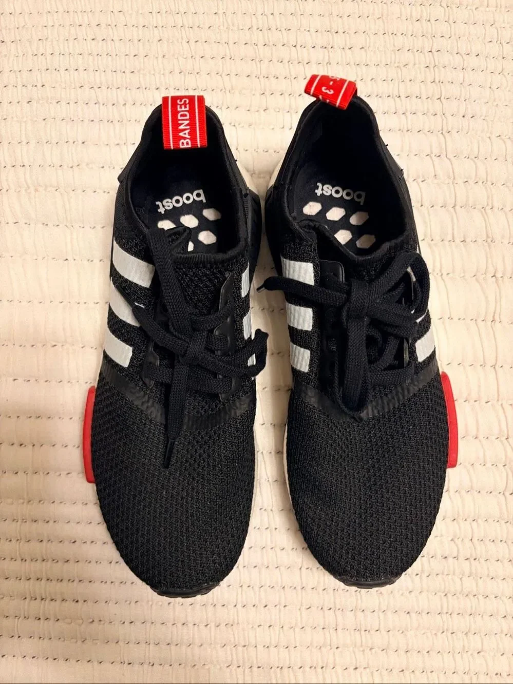Adidas NMD_R1 Boost Sneakers Women’s 8.5 Black White Red Knit Athletic Shoes